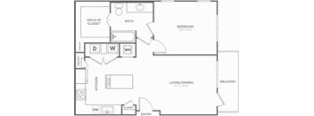 A black and white floor plan of a home with a bedroom, living/dining area, kitchen, and bath.