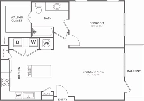 A black and white floor plan of a home with a bedroom, living/dining area, kitchen, and bath.