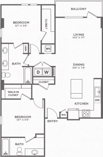 A black and white image of a floor plan for a two bedroom apartment.