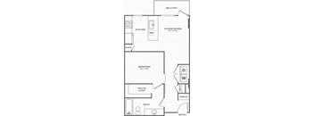 A floor plan of a small apartment with a kitchen, living room, bedroom, and bathroom.