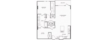 A black and white floor plan of an apartment with a balcony, study, and kitchen.