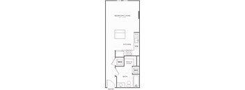A floor plan of a bedroom/living room, kitchen, pantry, walk-in closet, bathroom, and entry.