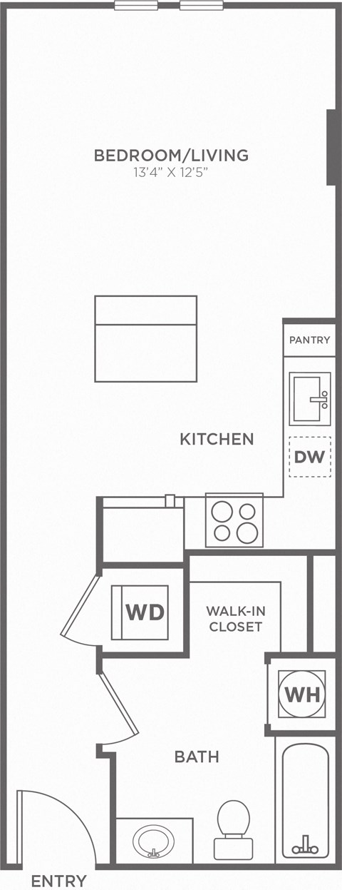 A floor plan of a bedroom/living room, kitchen, pantry, walk-in closet, bathroom, and entry.