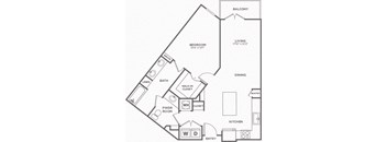 A black and white image of a house floor plan with a balcony, bedroom, bathroom, living room, dining room, pantry, kitchen, and a walk-in closet.