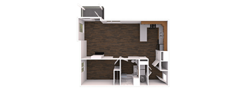 a digital rendering of an office space with a brown brick wall