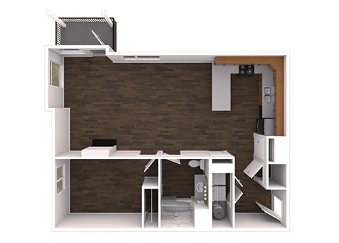 a digital rendering of an office space with a brown brick wall