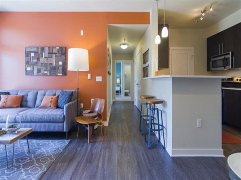 a living room and kitchen with a couch and a bar