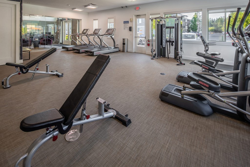 a gym with cardio equipment on the floor and glass windows