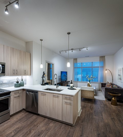 a kitchen and living room in an apartment