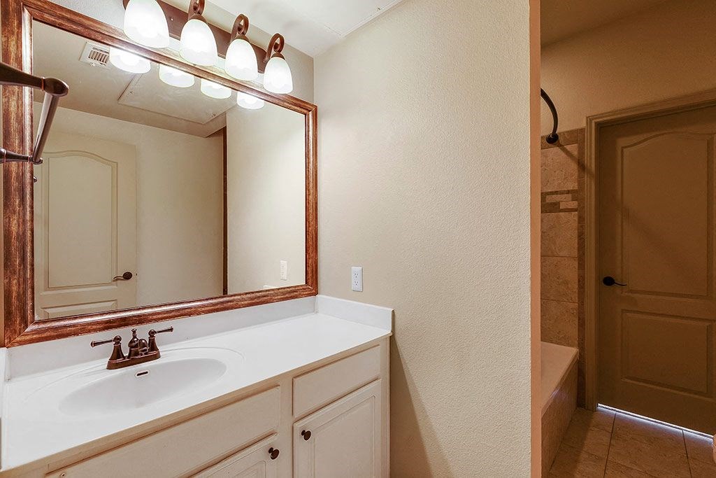 a bathroom with a sink and a mirror