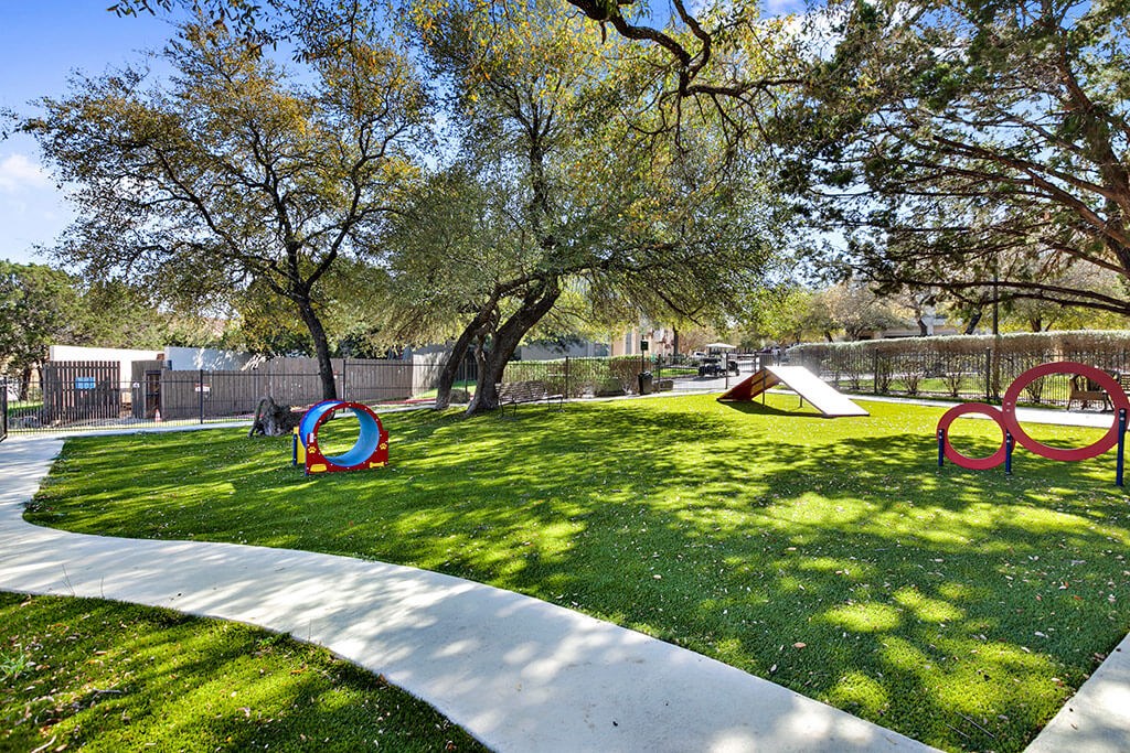 a playground with trees and toys on the grass