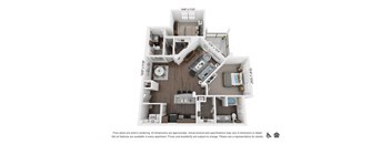 this is a 3d floor plan of a 884 square foot 1 bedroom apartment at the