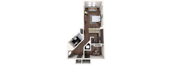A 3D rendered image of a small apartment layout.