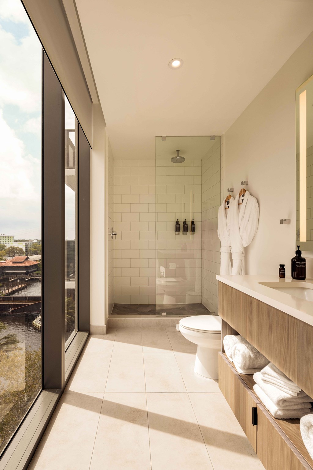 A modern bathroom with a walk-in shower and a toilet.