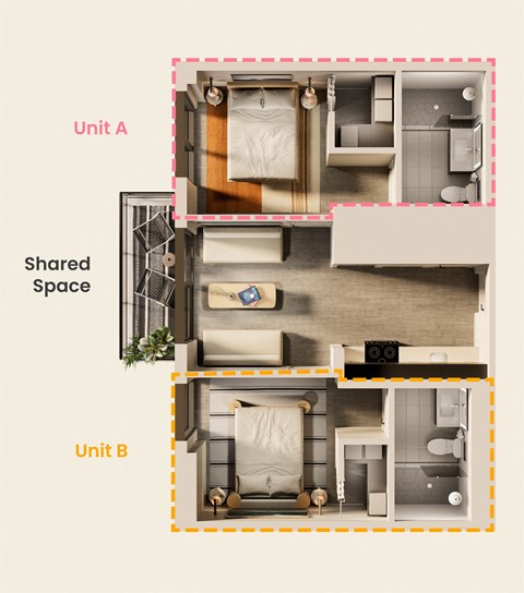 the floor plan of unit a of the shared space