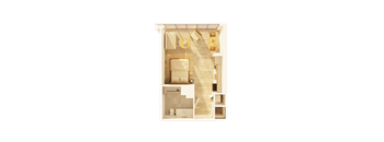 A top-down view of a room with a bed, a couch, and a table.