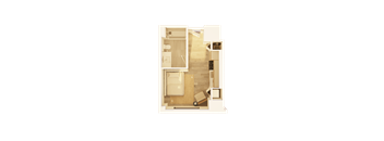 A floor plan of a small apartment with a kitchen, living room, and bathroom.