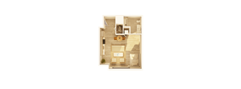 A top-down view of a living room with a couch, coffee table, and kitchen area.