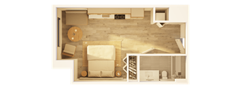 A top-down view of a room with a couch, a chair, and a coffee table.