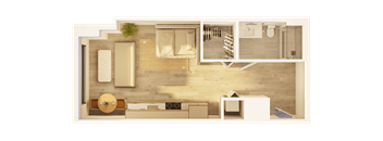 A floor plan of a small apartment with a kitchen, living room, and bathroom.