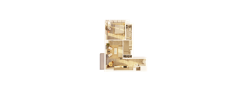 A floor plan of a house with two bedrooms, a living room, and a kitchen.
