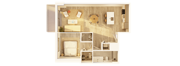 A top-down view of a room with a bed, a desk, a chair, and a clock on the wall.