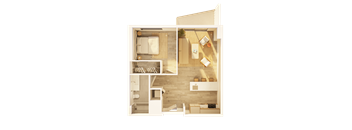 A top-down view of a house layout with a living room, kitchen, and bathroom.