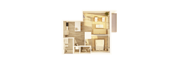 A 3D rendered image of a modern apartment layout.