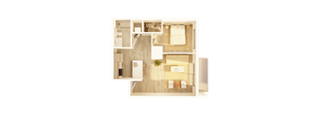 A floor plan of a house with a living room, kitchen, and two bedrooms.
