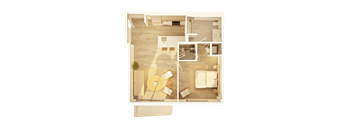 A top-down view of a living room with a dining area and a kitchen.