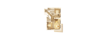 A floor plan of a house with a kitchen, living room, and two bedrooms.