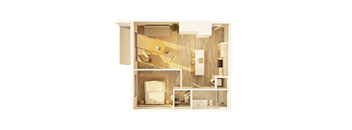 A top-down view of a small, neatly organized apartment with a bedroom, living room, and kitchen.