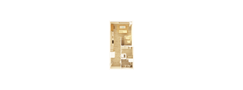 A floor plan of a small apartment with a kitchen, living room, and two bedrooms.