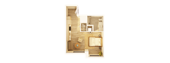 A top-down view of a room with a bed, a couch, a table, and a television.