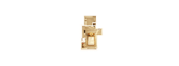 A top-down view of a house interior with a kitchen, living room, and two bedrooms.