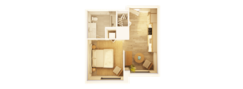 A top-down view of a room with a bed, a couch, a table, and a potted plant.