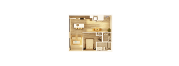 A top-down view of a small apartment with a kitchen, living room, and bathroom.