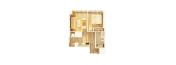 A floor plan of a small apartment with a kitchen, living room, and bathroom.