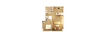 A floor plan of a small apartment with a bedroom, living room, and kitchen.