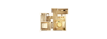 A top-down view of a house layout with a living room, kitchen, and two bedrooms.