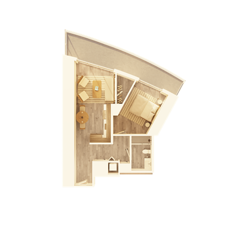 A detailed drawing of a house layout with a kitchen, living room, and bathroom.