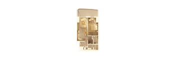 A detailed 3D floor plan of a small apartment.