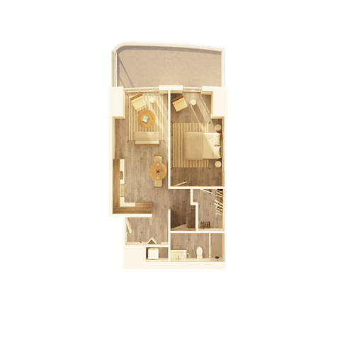 A detailed 3D floor plan of a small apartment.
