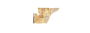 A top-down view of a house layout with a living room, kitchen, and bedrooms.