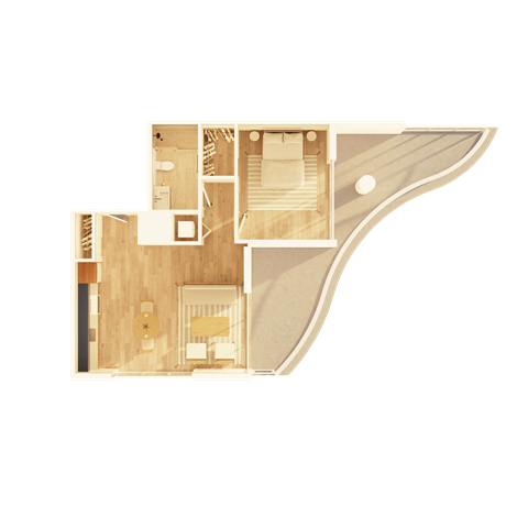 A top-down view of a house layout with a living room, kitchen, and bedrooms.