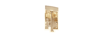 A detailed drawing of a house layout with a kitchen, living room, and bathroom.