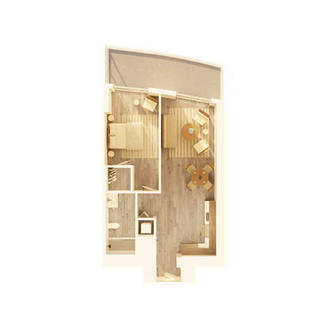 A detailed drawing of a house layout with a kitchen, living room, and bathroom.