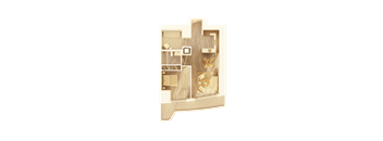 A cutaway view of a wooden structure with various objects inside.