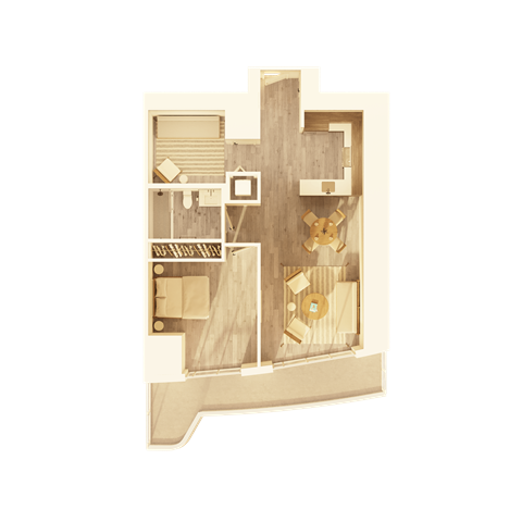 A cutaway view of a wooden structure with various objects inside.