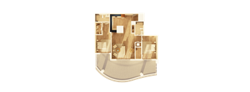 A 3D floor plan of a house with a living room, kitchen, and two bedrooms.